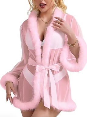 Sheer Faux-Fur Trim Pink Robe - Women's Intimates